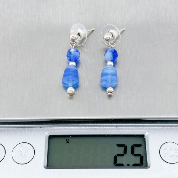 Vintage Sterling Silver 925 Blue Glass Bead Drop Earrings - Picture 4 of 4